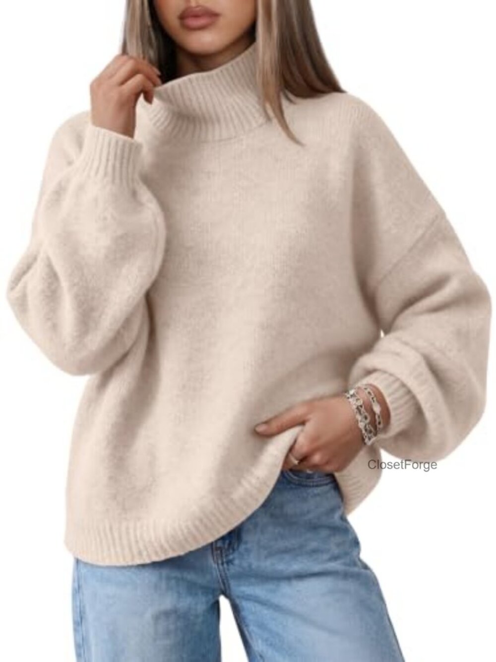 Oversized Mock Neck Lantern Sleeve Knit Pullover Sweater Polyester Blend